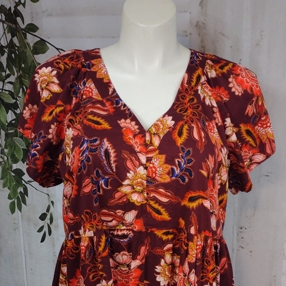 Old Navy Burgundy Floral V-Neck Tiered Mini Dress with Orange Accents XXL - Picture 3 of 7
